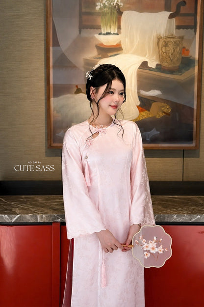 Pink Silk Long Sleeve Round Collar Bow Ao Dai Top Only, No Pants