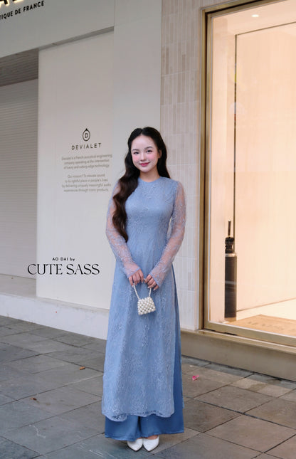 Linh Vy - Blue Lace Round Collar Puffy Sleeves Ao Dai Top Only, No Pants, 26B