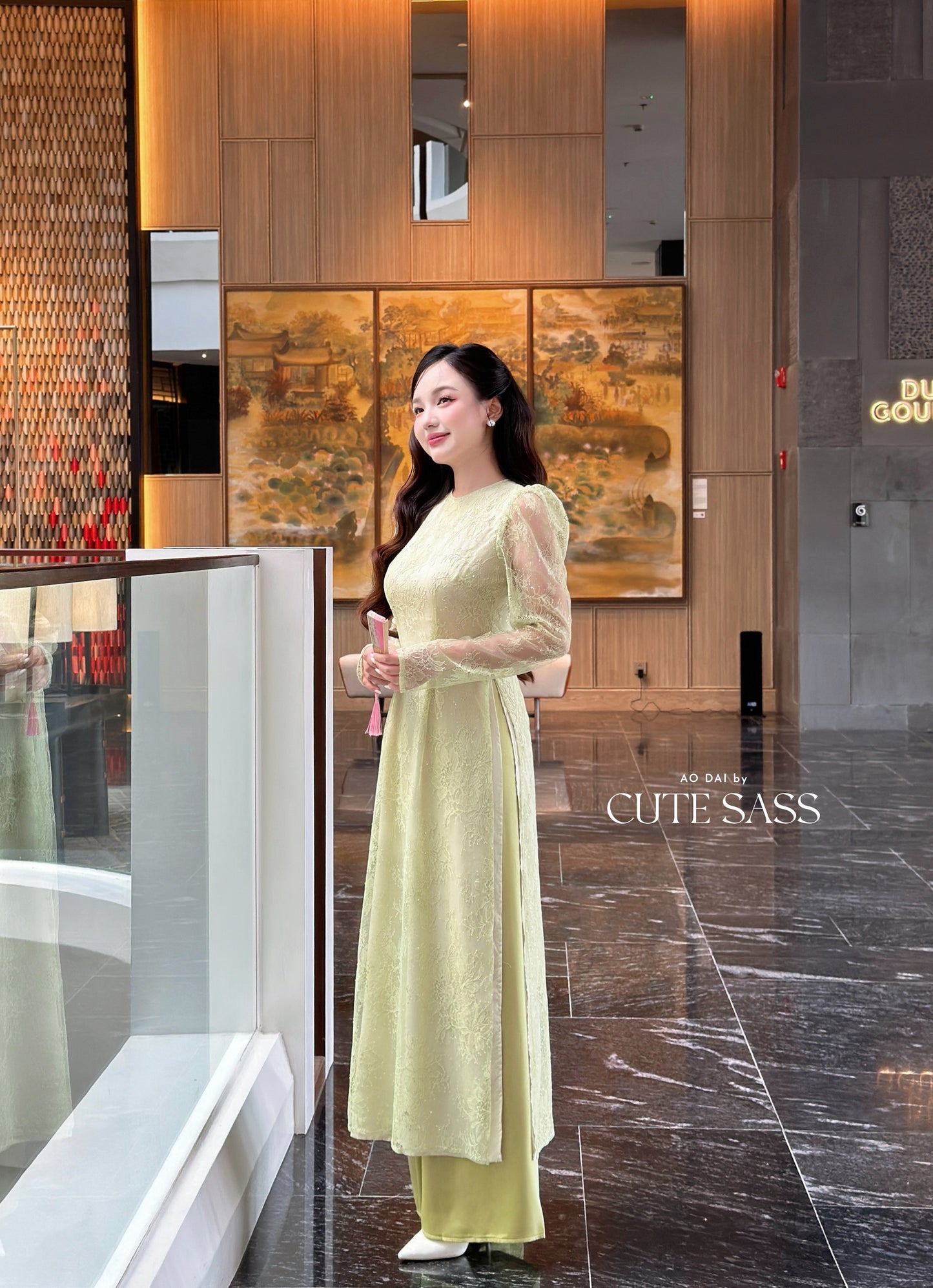 Linh Vy - Green Lace Round Collar Puffy Sleeves Ao Dai Top Only, No Pants