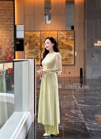 Linh Vy - Green Lace Round Collar Puffy Sleeves Ao Dai Top Only, No Pants 22A