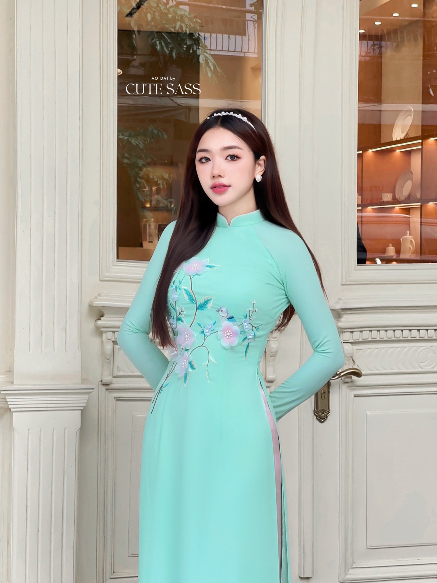 Cyan/Pink 3D Flowers Sparrow Chiffon Ao Dai Set