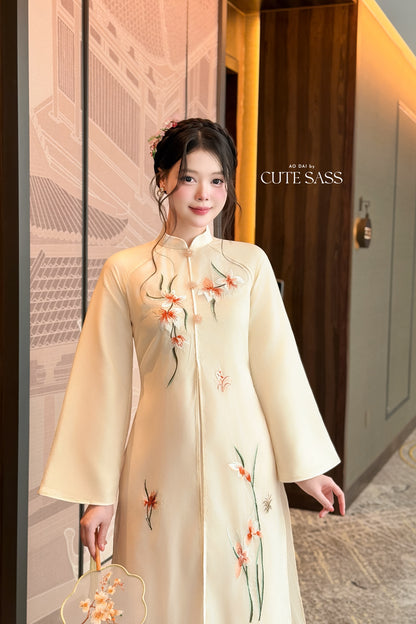 Cream Front Slit Embroidery Iris Chiffon Ao Dai Top Only, No Pants