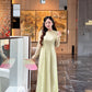 Linh Vy - Green Lace Round Collar Puffy Sleeves Ao Dai Top Only, No Pants