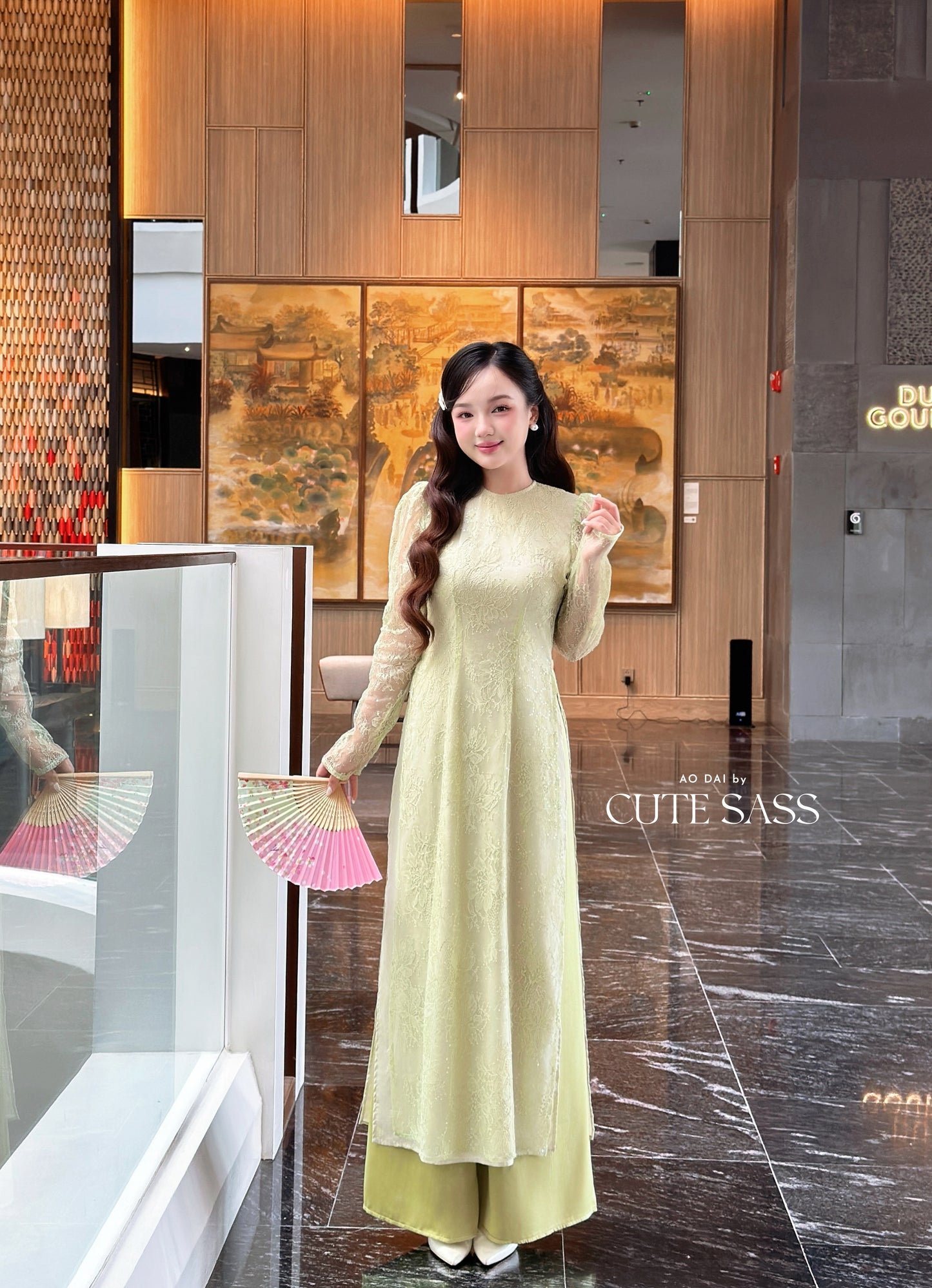 Linh Vy - Green Lace Round Collar Puffy Sleeves Ao Dai Top Only, No Pants