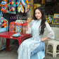 Blue Chiffon Vintage Floral Ao Dai Top Only, NO PANTS