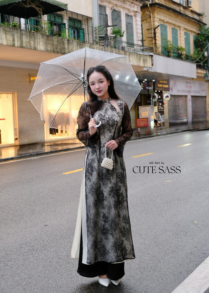 Linh Vy - Black Lace Cutout Ao Dai Top Only, No Pants 42D