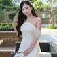 Linh Vy - Hush White Halter Off Shoulder Wing Sleeves Ao Dai Top Only, No Pants