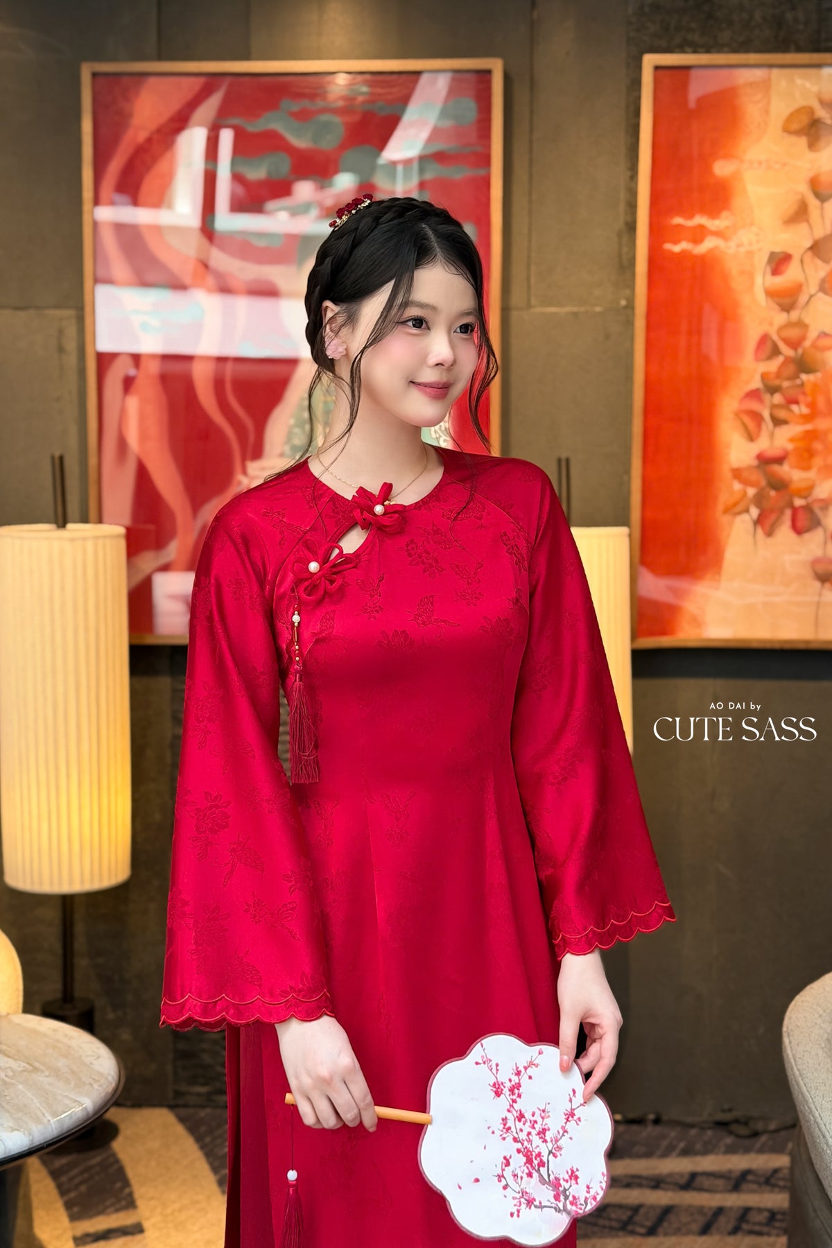 Red Silk Long Sleeve Round Collar Bow Ao Dai Top Only, No Pants