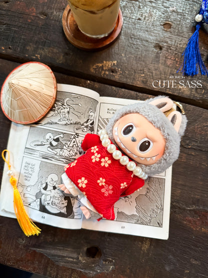 Red Daisy Mini Vietnamese Ao Dai Set for Labubu – Includes Pants & Pearl Necklace (Doll Not Included)