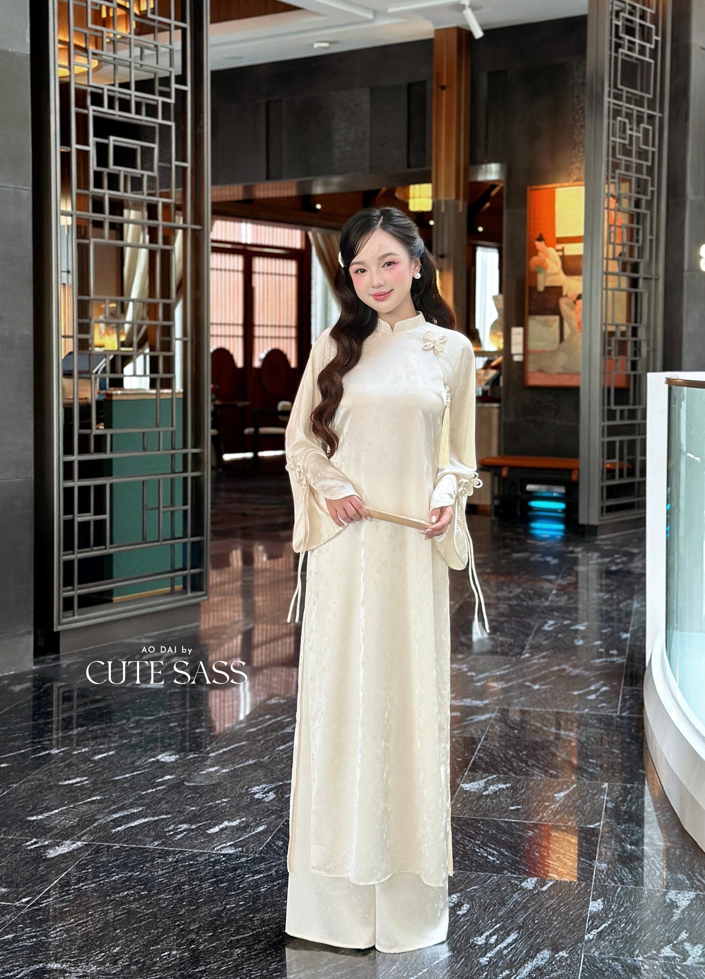 Linh Vy - Cream Vows Long Sleeve Bows Ao Dai Set