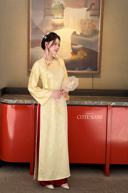 Yellow Silk Long Sleeve Round Collar Bow Ao Dai Top Only, No Pants