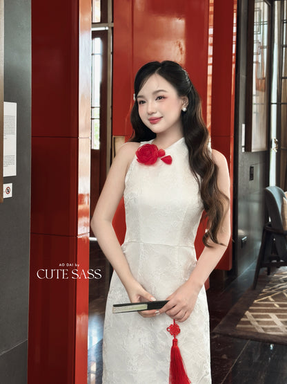 Linh Vy - White Rose Asymmetrical Ao Dai Top Only, No Pants 3E
