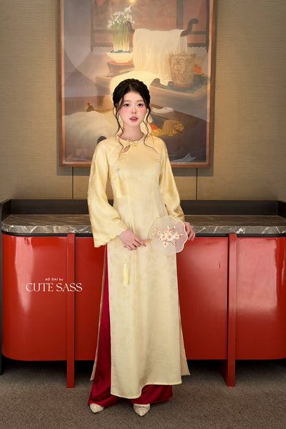 Yellow Silk Long Sleeve Round Collar Bow Ao Dai Top Only, No Pants