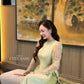 Linh Vy - Green Lace Round Collar Puffy Sleeves Ao Dai Top Only, No Pants