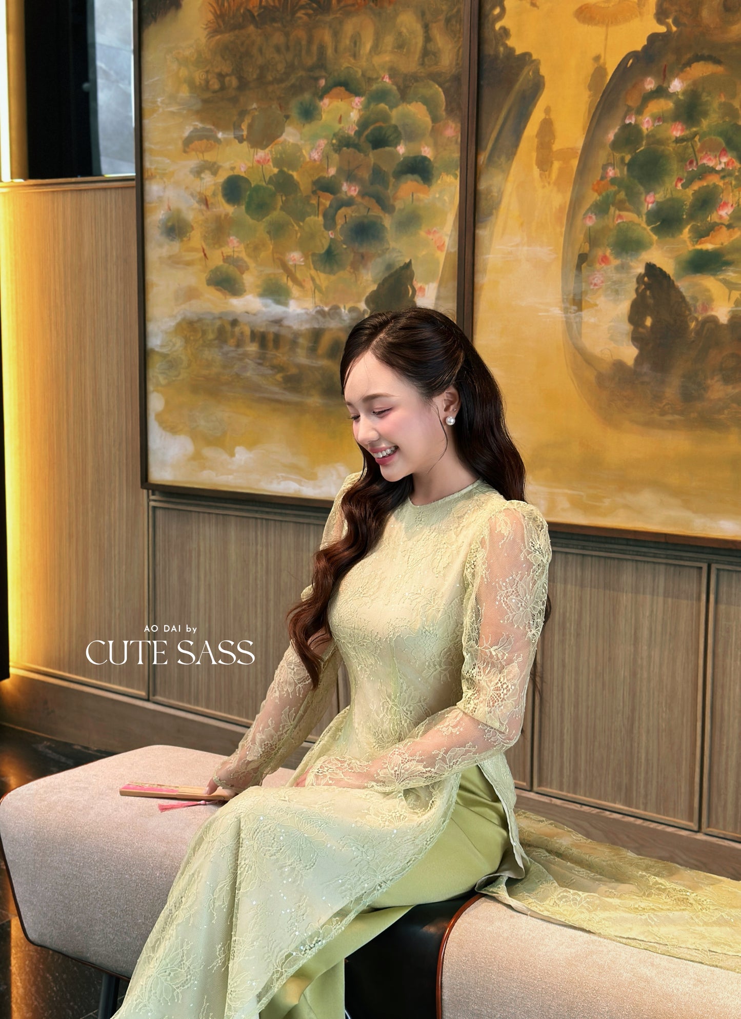 Linh Vy - Green Lace Round Collar Puffy Sleeves Ao Dai Top Only, No Pants