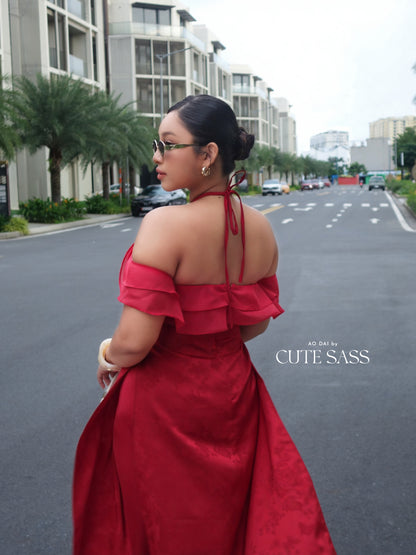 Linh Vy - Hush Red Halter Off Shoulder Wing Sleeve Ao Dai Top Only, No Pants 27C28B