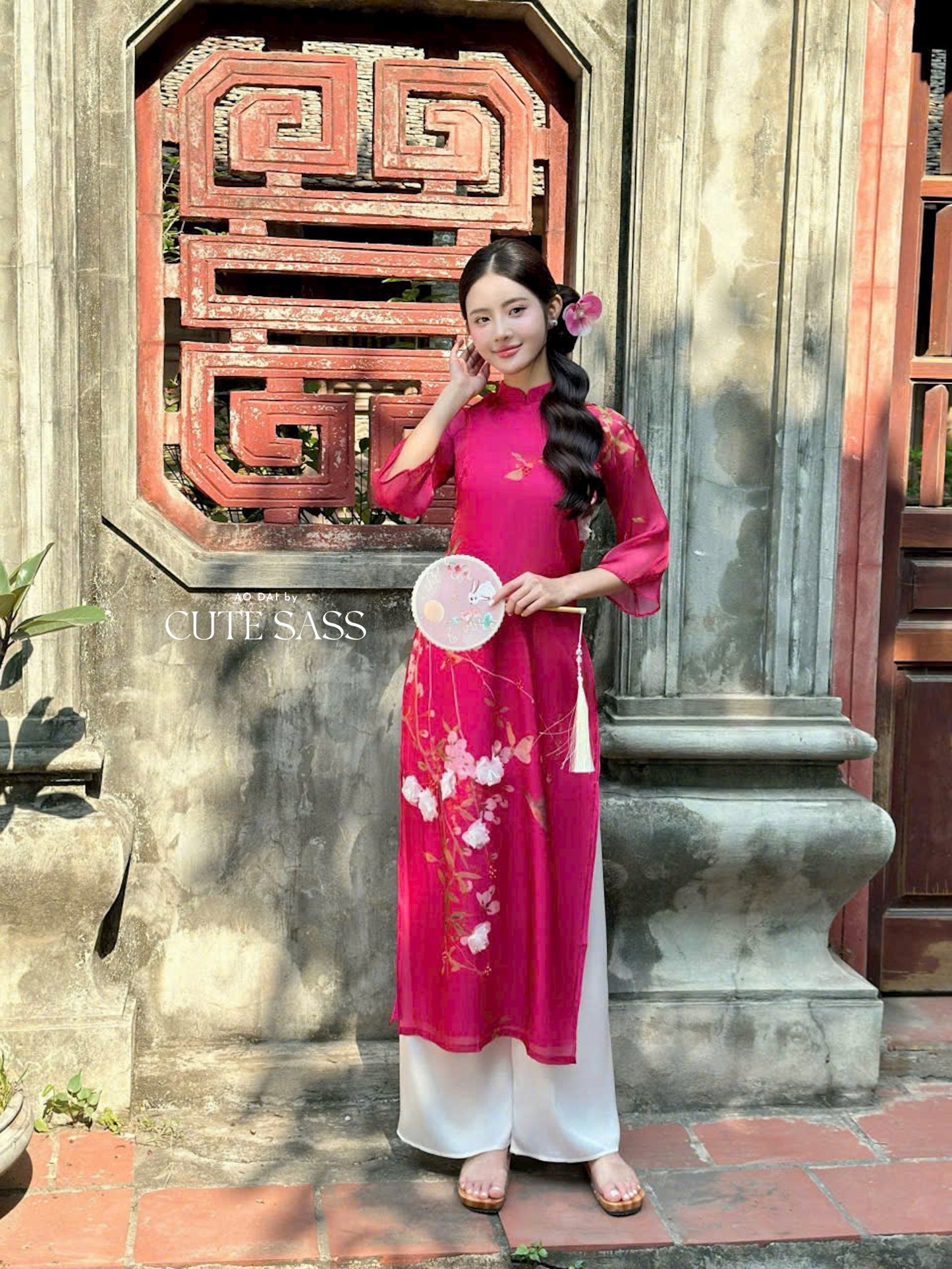 Fuchsia 3D Branches Ao Dai Set 1B