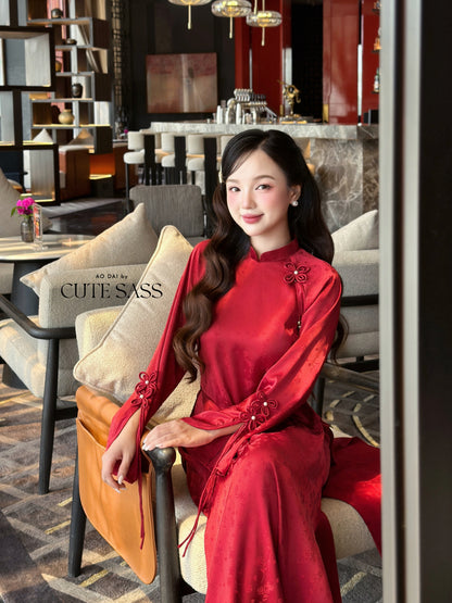 Linh Vy - Red Shifted Vows Long Sleeve Bows Ao Dai Set 13C, 14C
