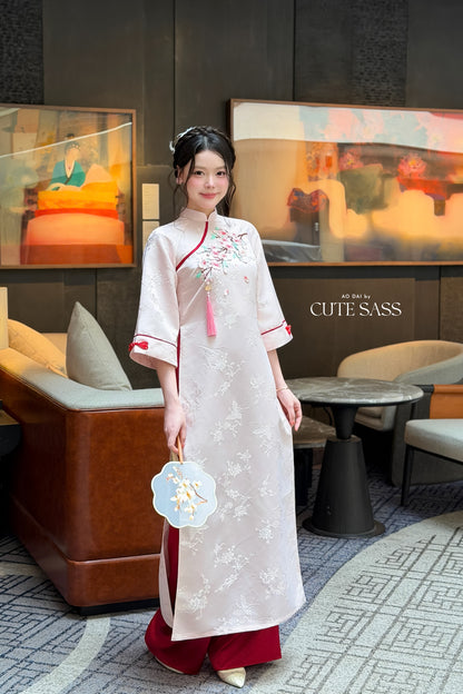 Cream Mid Sleeve 3D Cherry Blossoms Ao Dai Top Only, No Pants