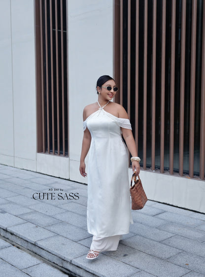 Linh Vy - Hush White Halter Off Shoulder Wing Sleeves Ao Dai Top Only, No Pants 30C