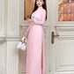 Cyan/Pink 3D Flowers Sparrow Chiffon Ao Dai Set