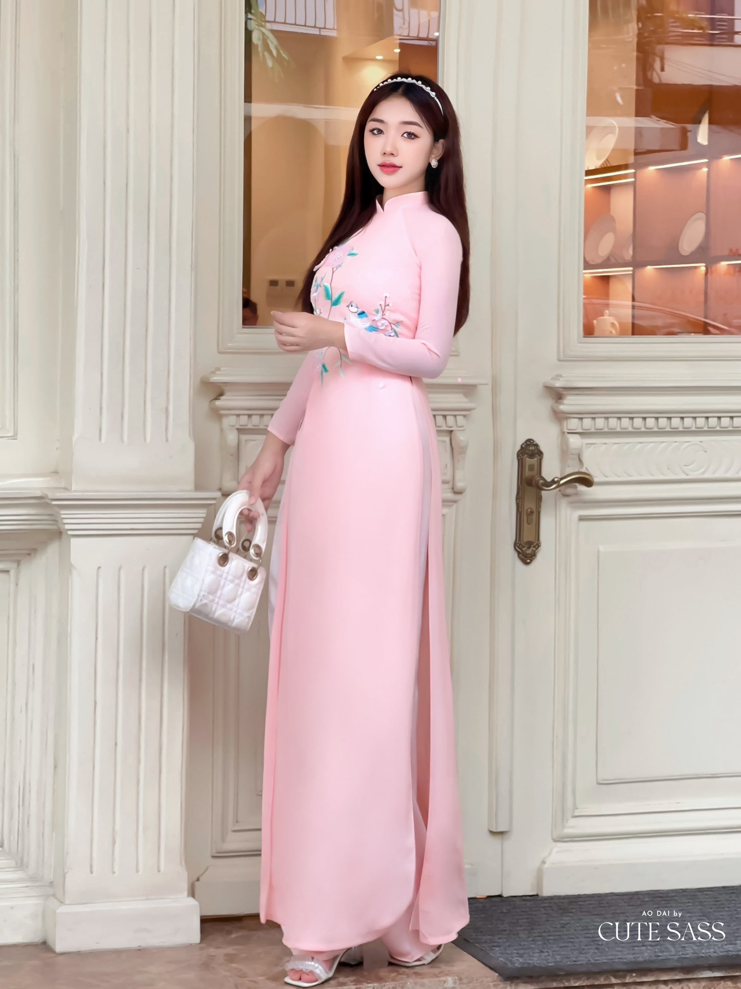 Cyan/Pink 3D Flowers Sparrow Chiffon Ao Dai Set