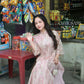 Pink Chiffon Vintage Floral Ao Dai Top Only, NO PANTS