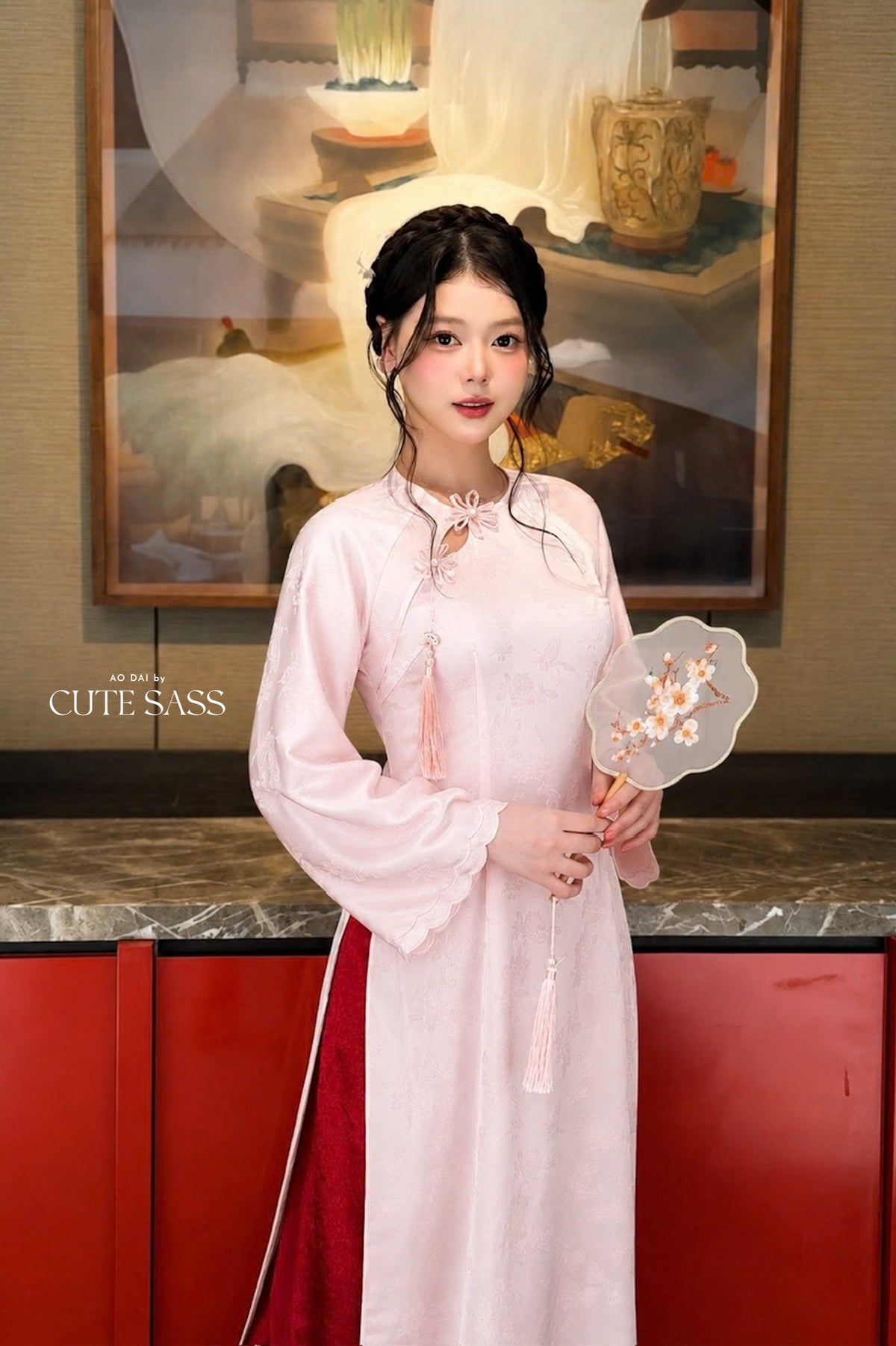 Pink Silk Long Sleeve Round Collar Bow Ao Dai Top Only, No Pants