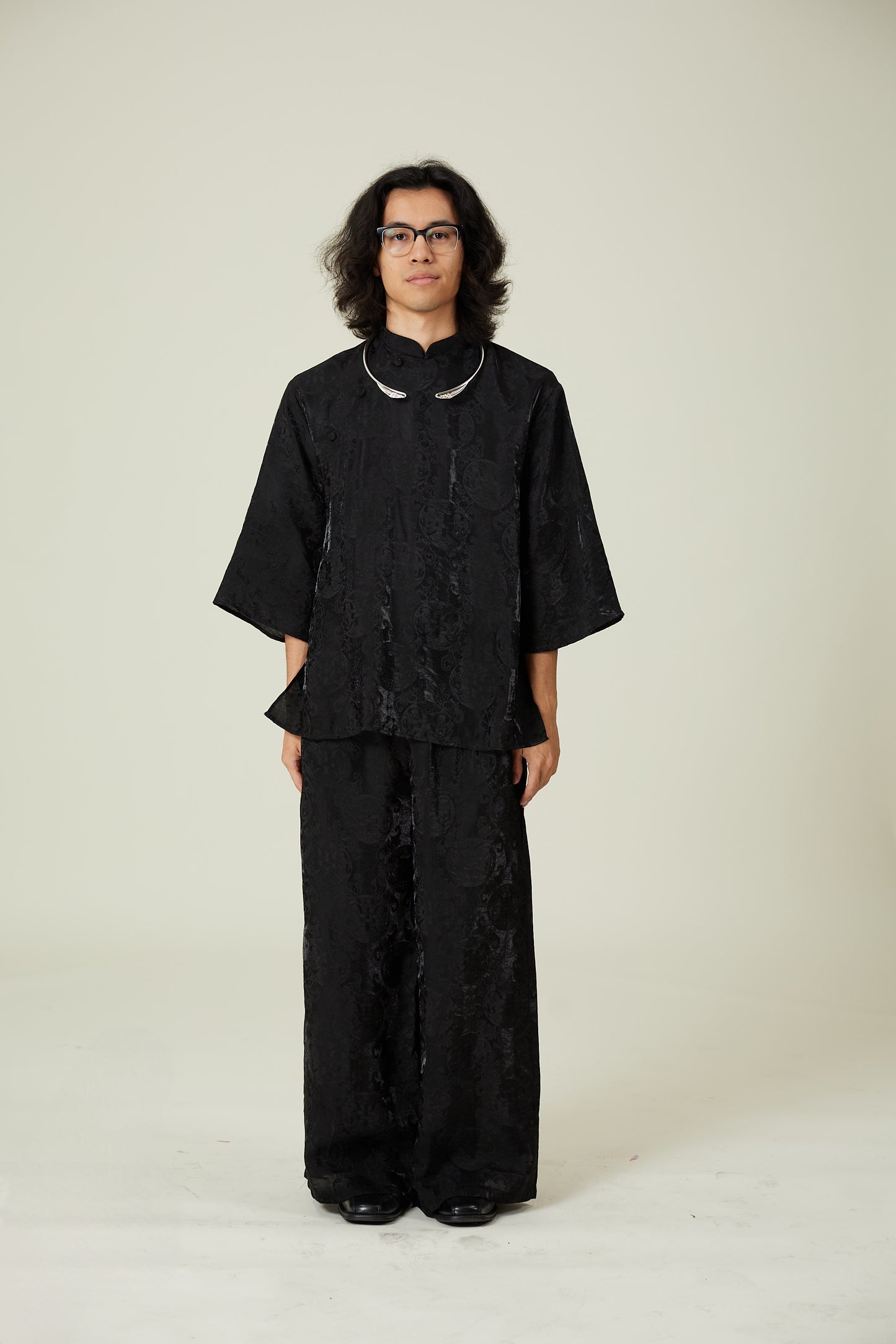 Vân - Gender Fluid Black High Collar Mid Sleeves Top, No Pants