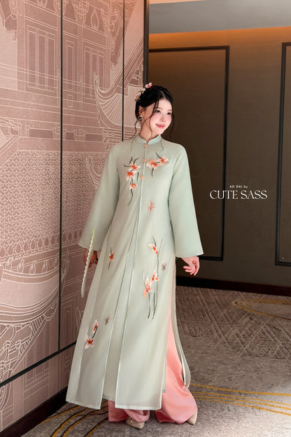 Cyan Front Slit Embroidery Iris Chiffon Ao Dai Top Only, No Pants