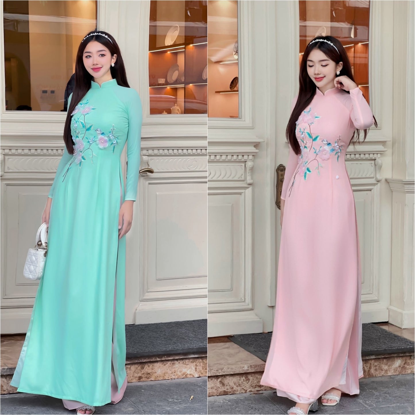 Cyan/Pink 3D Flowers Sparrow Chiffon Ao Dai Set