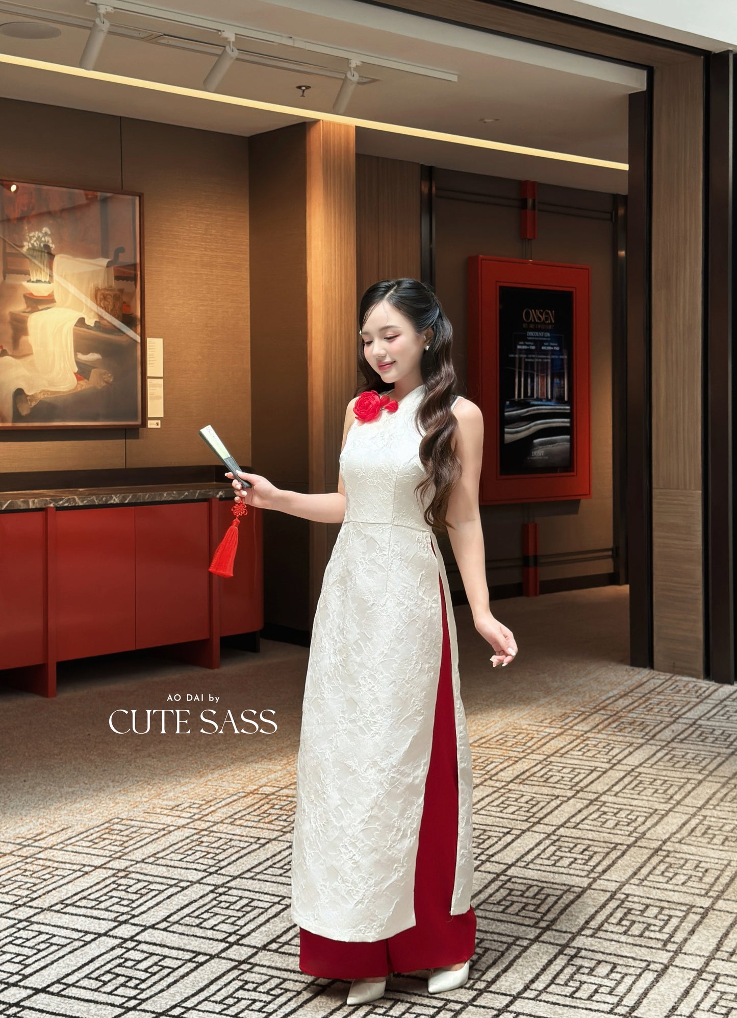 Linh Vy - White Rose Asymmetrical Ao Dai Top Only, No Pants