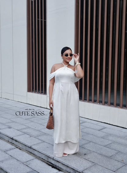 Linh Vy - Hush White Halter Off Shoulder Wing Sleeves Ao Dai Top Only, No Pants 30C