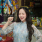 Blue Chiffon Vintage Floral Ao Dai Top Only, NO PANTS