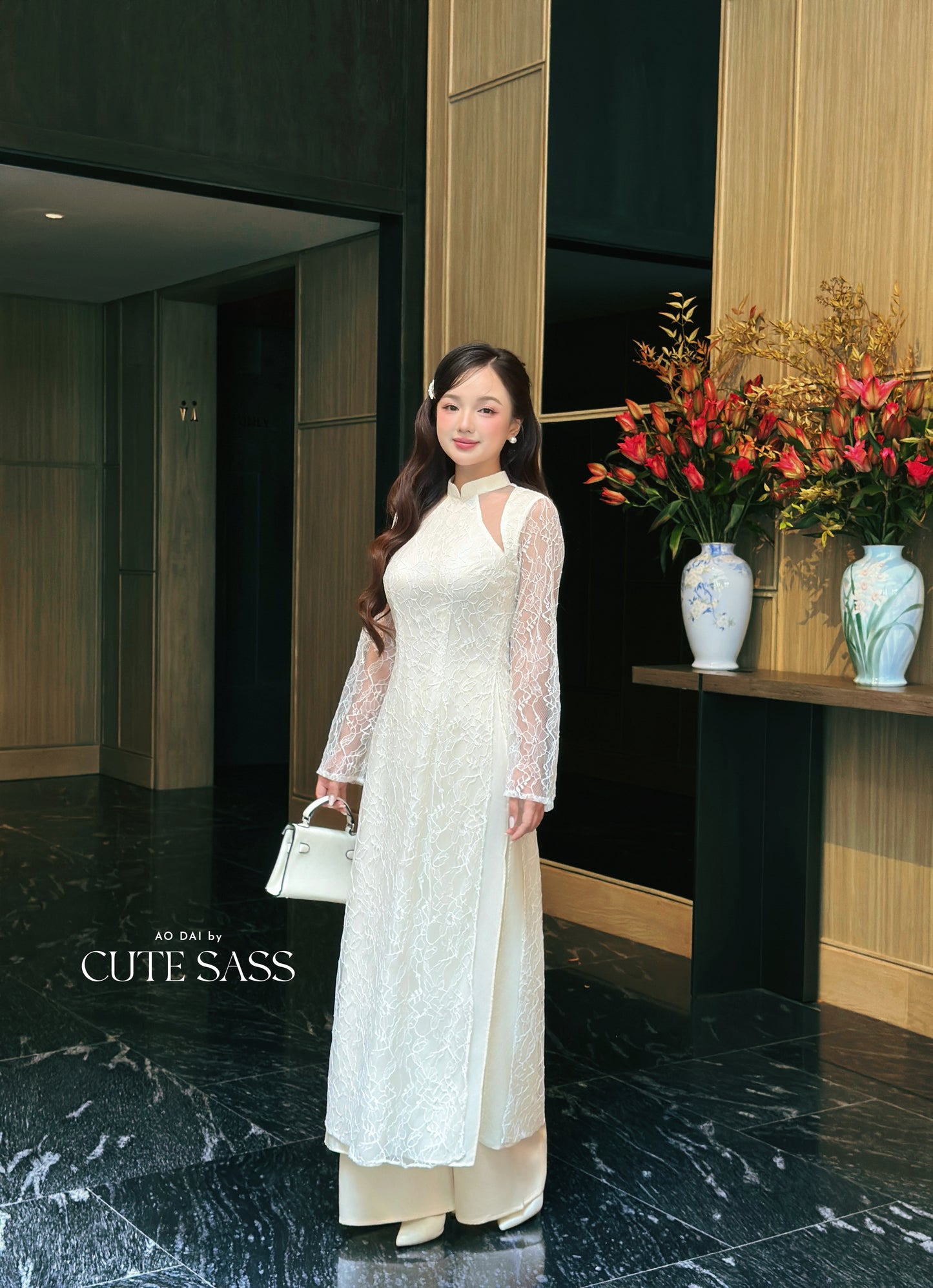 Linh Vy - Cream Lace Cutout Ao Dai Top Only, No Pants