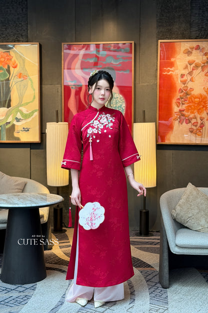 Red Mid Sleeve 3D Cherry Blossoms Ao Dai Top Only, No Pants