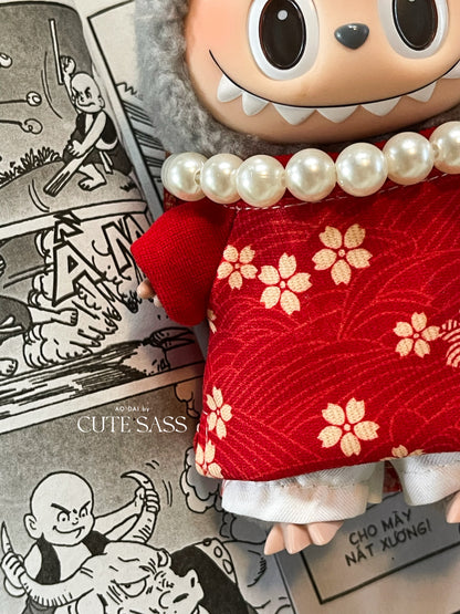 Red Daisy Mini Vietnamese Ao Dai Set for Labubu – Includes Pants & Pearl Necklace (Doll Not Included)