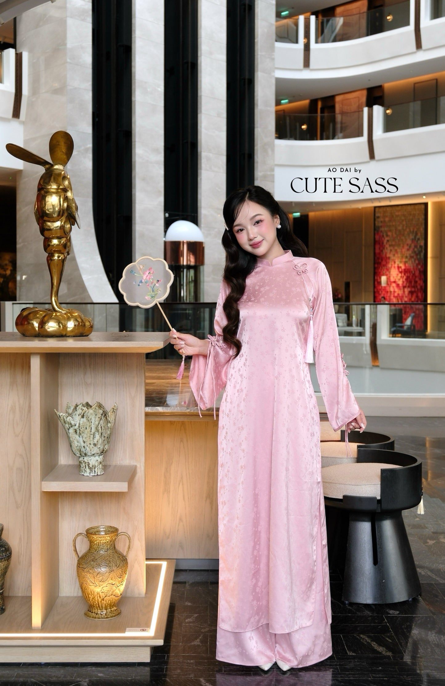 Linh Vy - Pink Vows Long Sleeve Bows Ao Dai Set