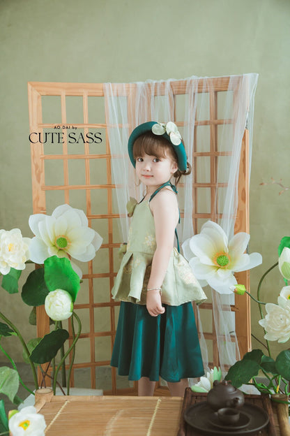 Girl Green Gold 3D Orchid Yem Ao Dai Set with Skirt and Headband 10C