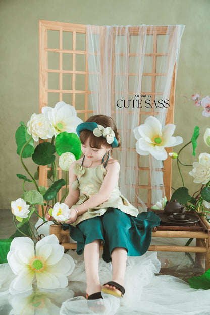 Girl Green Gold 3D Orchid Yem Ao Dai Set with Skirt and Headband 10C