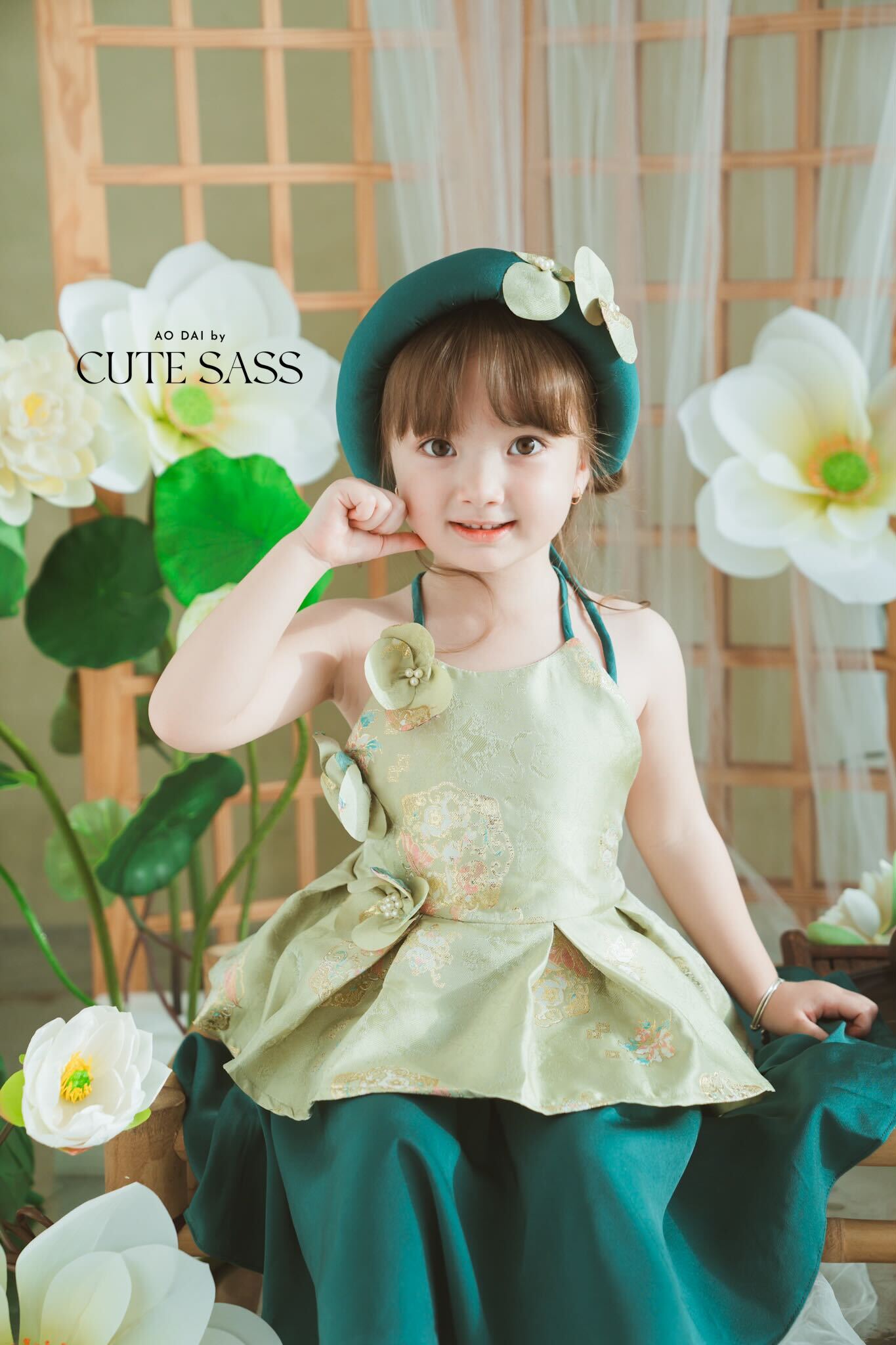Girl Green Gold 3D Orchid Yem Ao Dai Set with Skirt and Headband