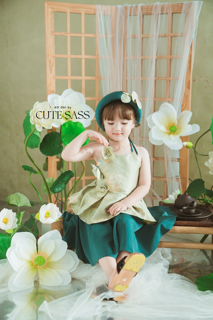 Girl Green Gold 3D Orchid Yem Ao Dai Set with Skirt and Headband 10C