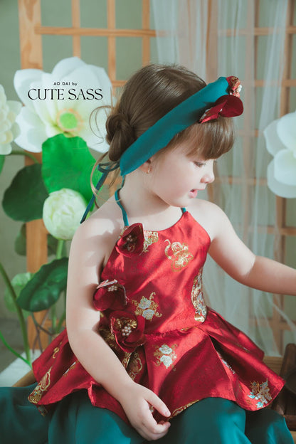Girl Red Gold 3D Orchid Yem Ao Dai Set with Skirt and Headband 9C