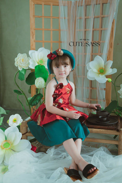 Girl Red Gold 3D Orchid Yem Ao Dai Set with Skirt and Headband 9C