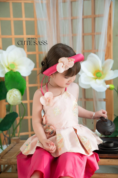 Girl Pink Gold 3D Orchid Yem Ao Dai Set with Skirt and Headband 9C
