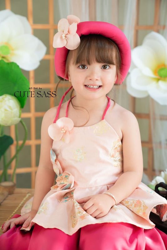 Girl Pink Gold 3D Orchid Yem Ao Dai Set with Skirt and Headband