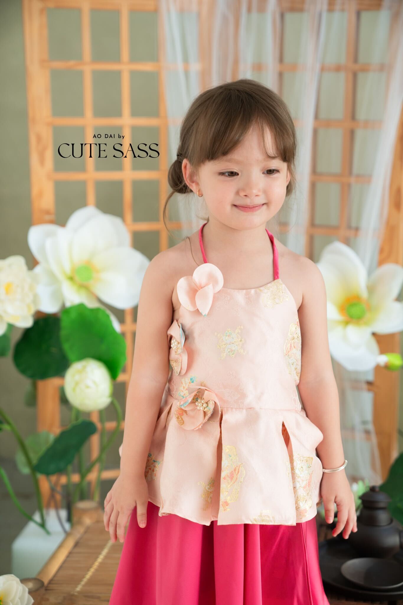 Girl Pink Gold 3D Orchid Yem Ao Dai Set with Skirt and Headband