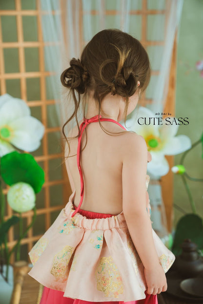Girl Pink Gold 3D Orchid Yem Ao Dai Set with Skirt and Headband 9C