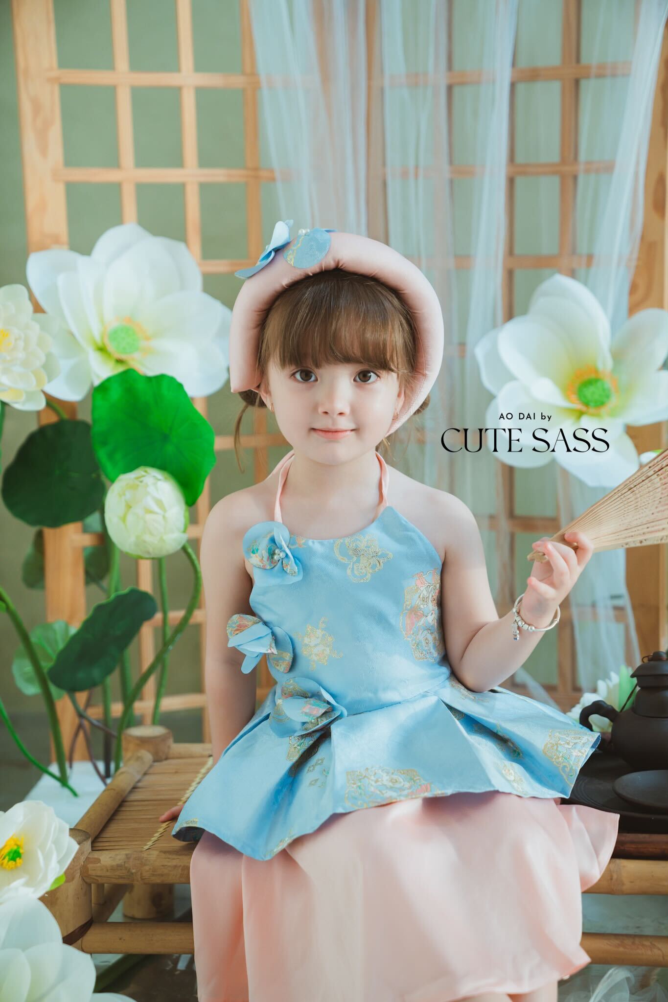 Girl Blue Gold 3D Orchid Yem Ao Dai Set with Skirt and Headband
