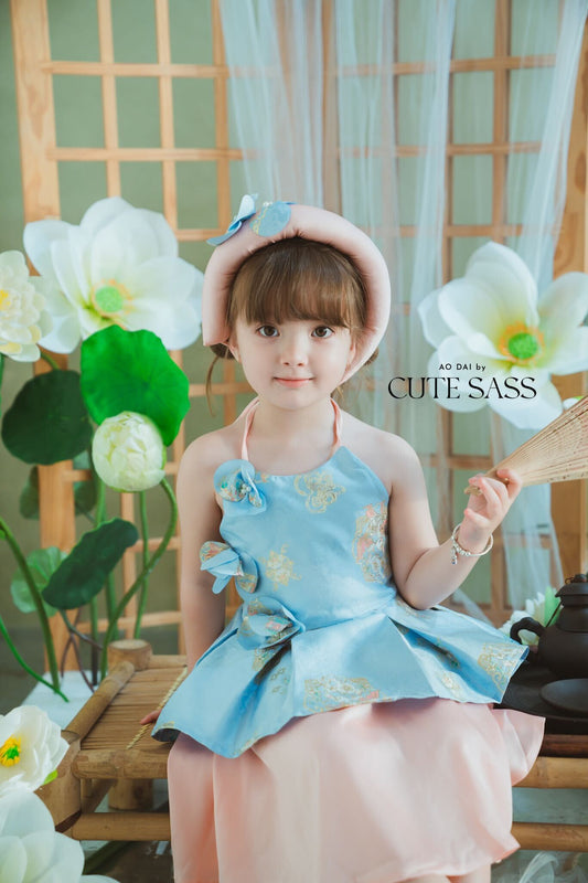 Girl Blue Gold 3D Orchid Yem Ao Dai Set with Skirt and Headband
